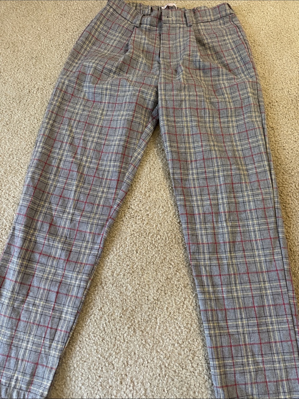Men's Gray Plaid Dress Pants with Red Windowpane Accents